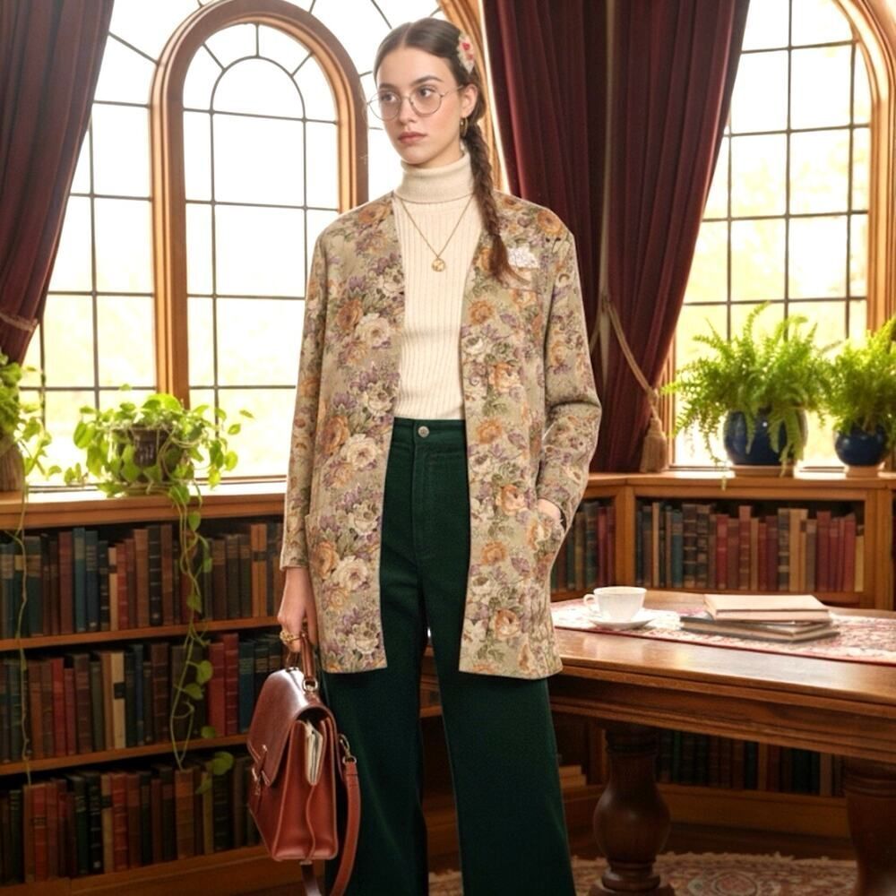 VTG 90s Floral Tapestry Grandmacore Open Jacket SZ Large Academia Granny Blazer